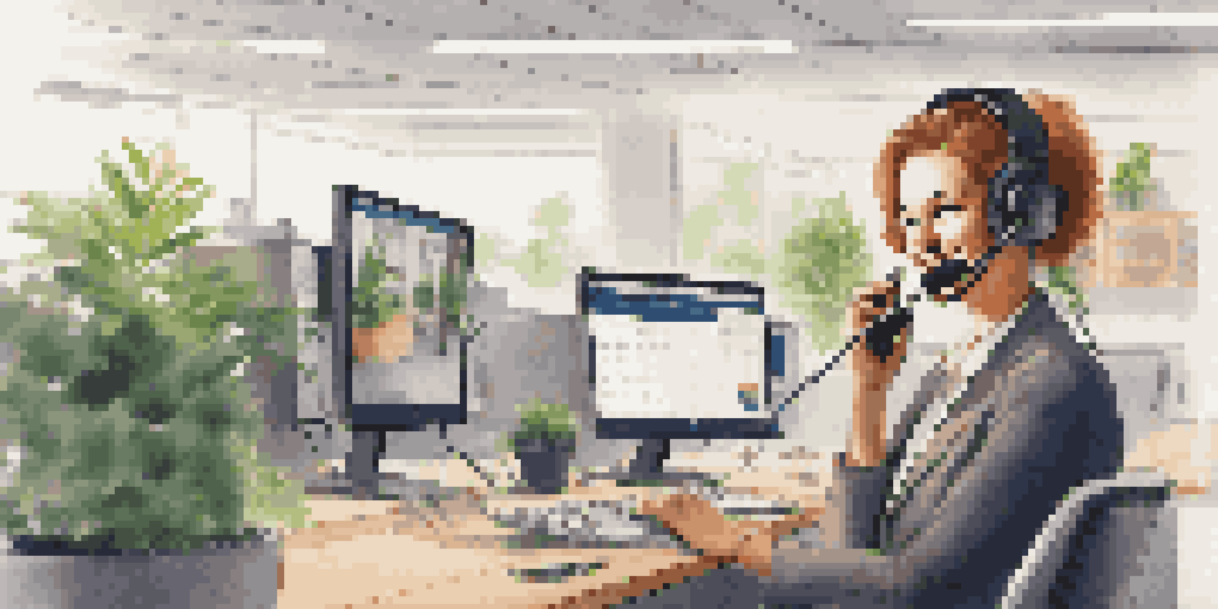 A customer support center where a representative is helping a customer over the phone in a modern office setting.