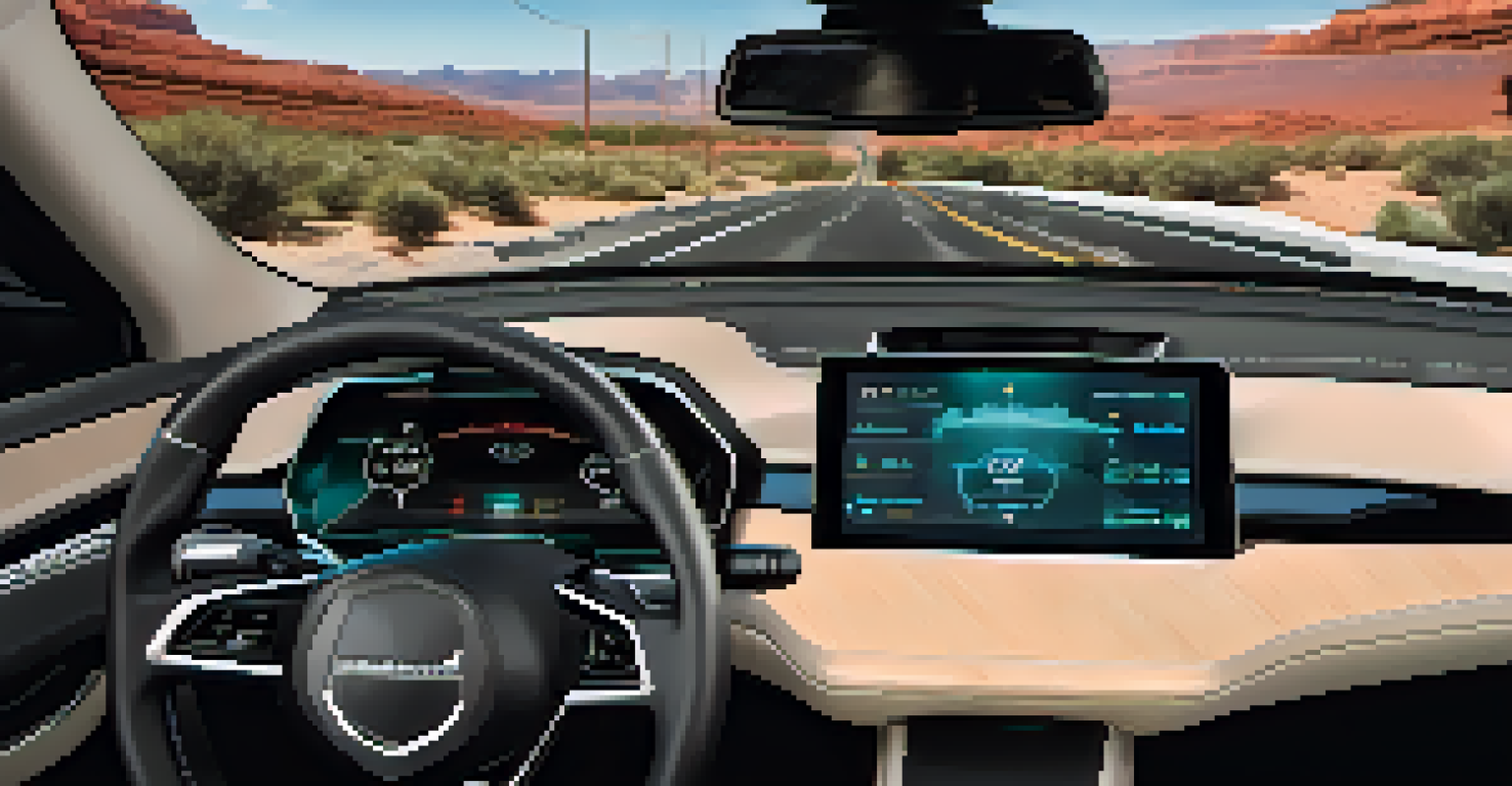 Interior view of a connected vehicle with a digital dashboard displaying real-time data analytics and a scenic view through the windshield.