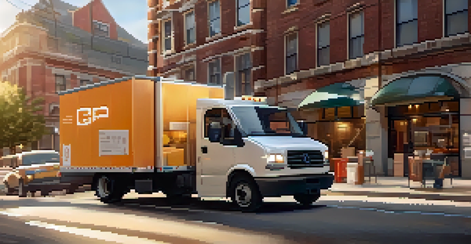 A GPS device showing a real-time map with routes and traffic, surrounded by boxes and a delivery truck, illuminated warmly.