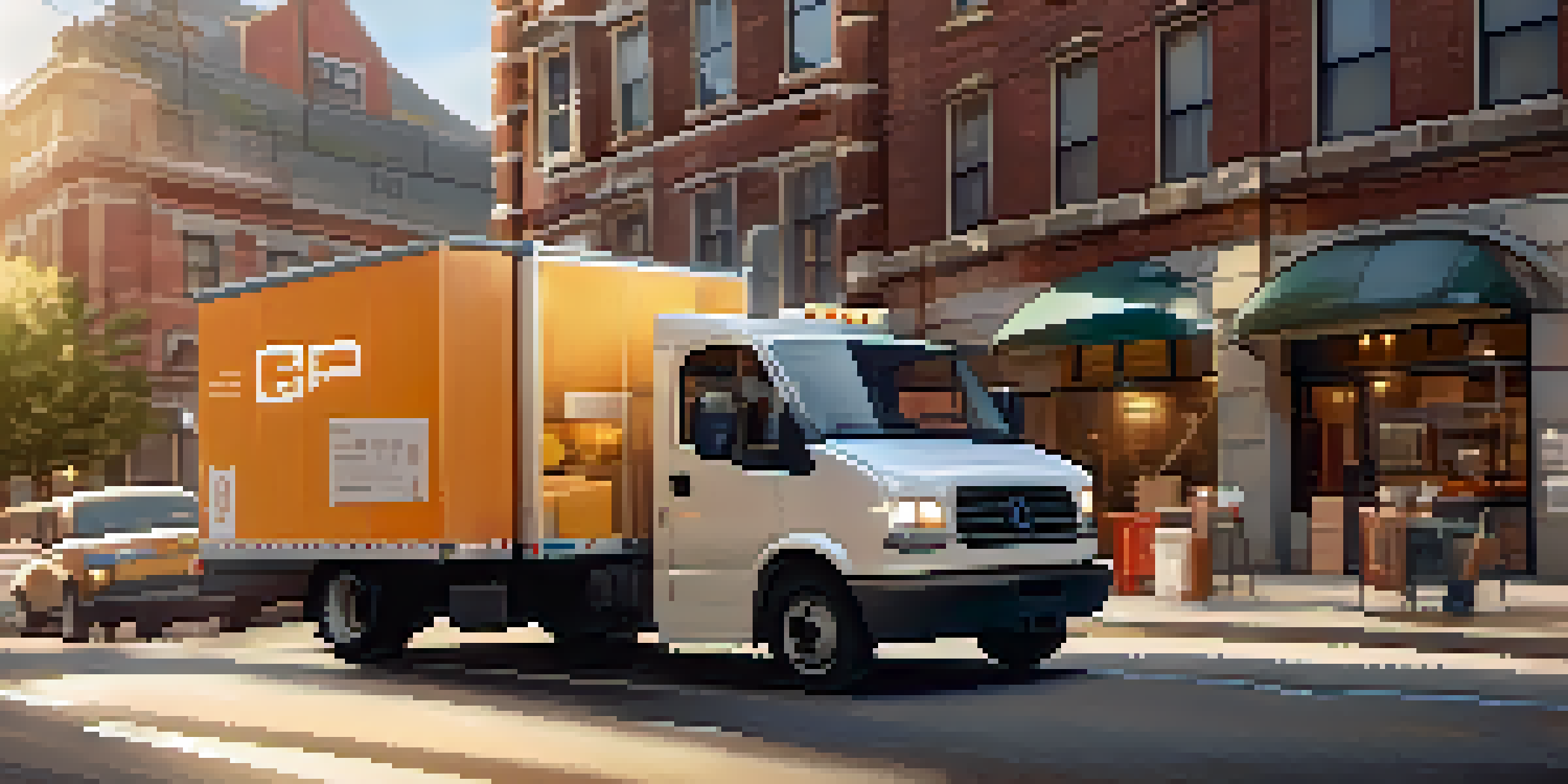A GPS device showing a real-time map with routes and traffic, surrounded by boxes and a delivery truck, illuminated warmly.