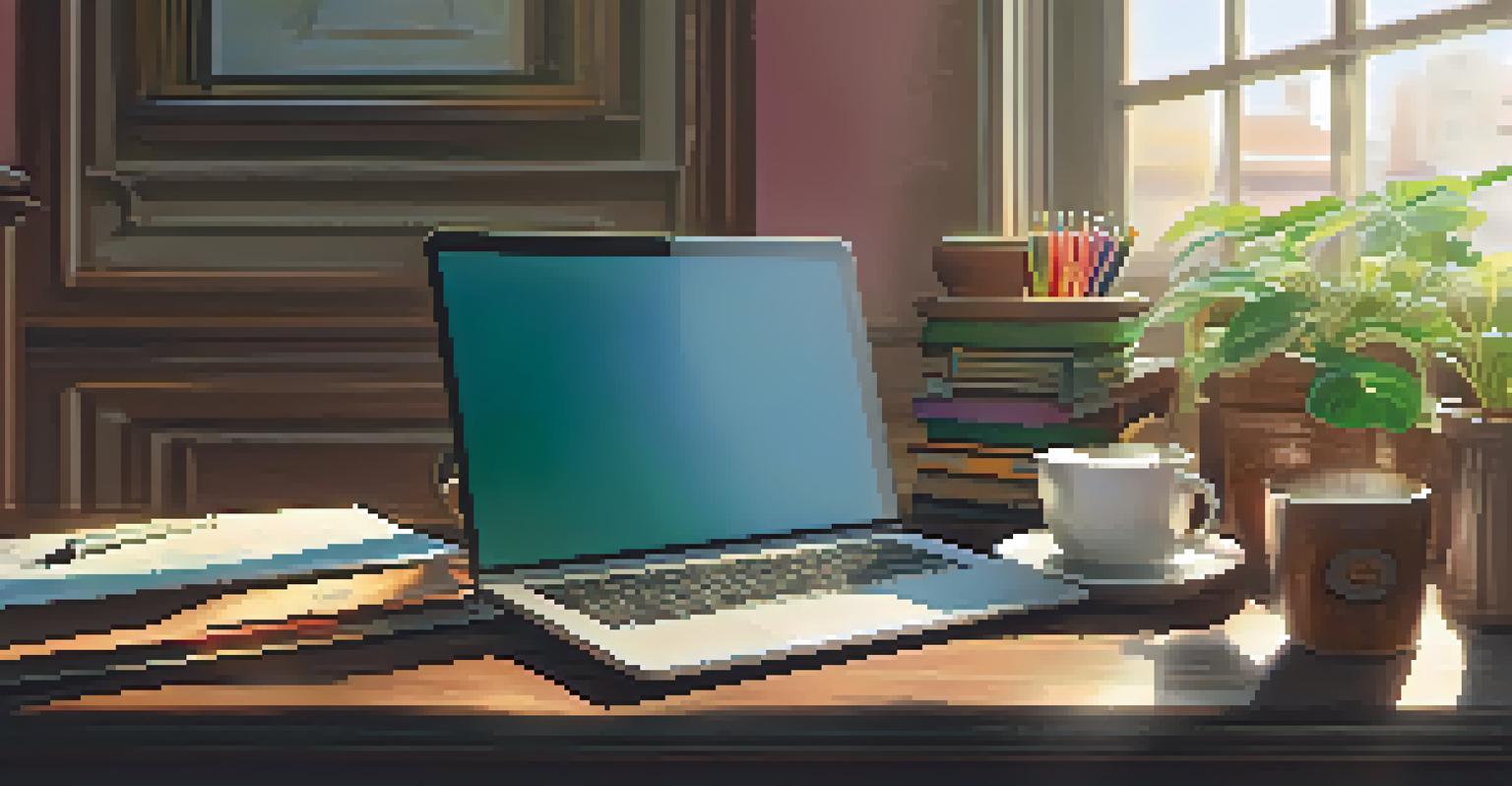 A stylish desk with a laptop, notebooks, coffee cup, and a plant, illuminated by warm afternoon light.
