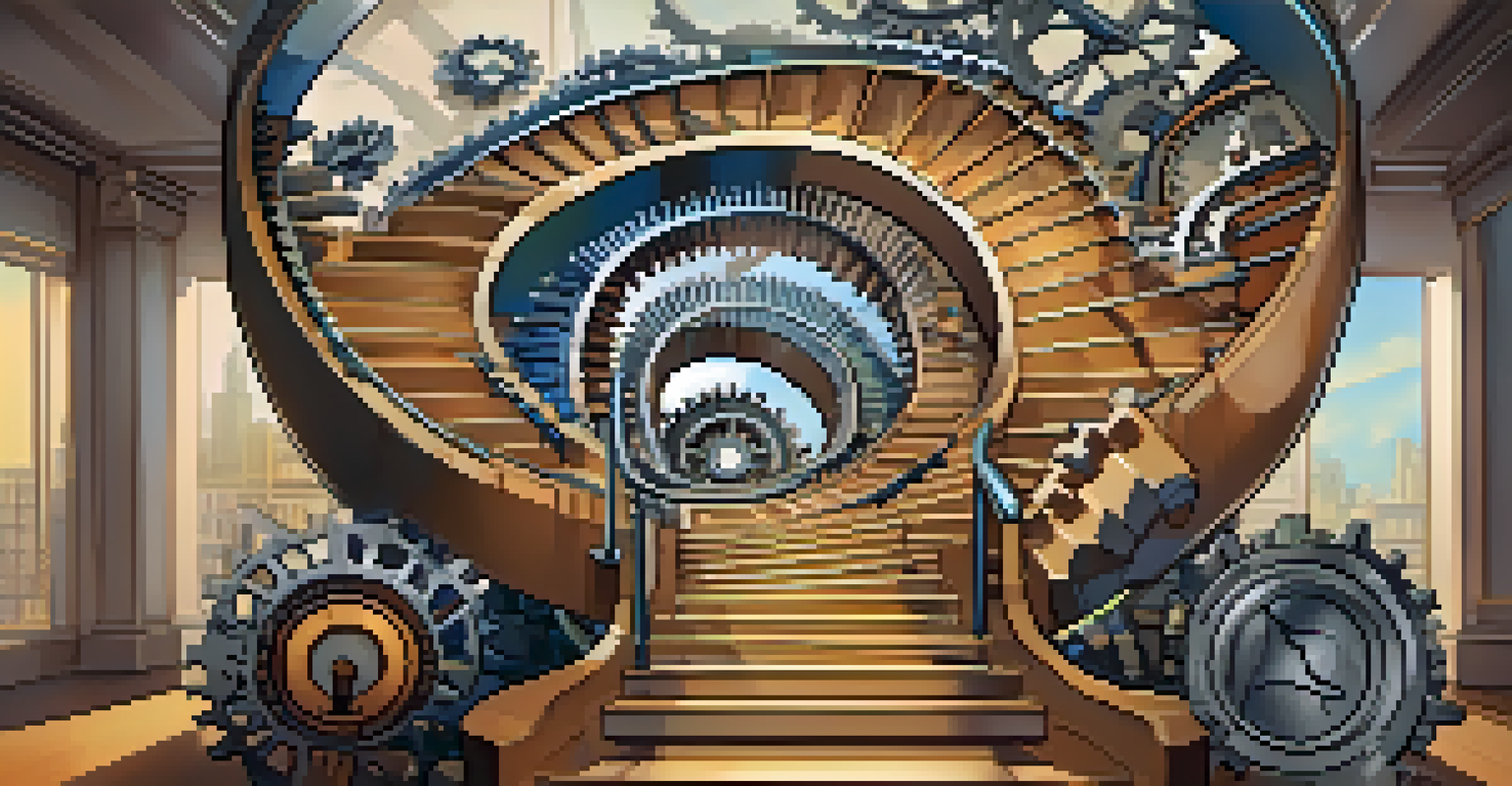 An illustrated staircase made of gears labeled with software development principles against a bright background.
