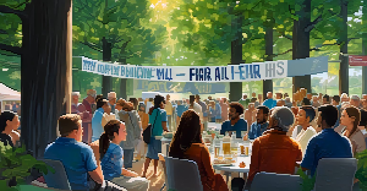 A community gathering workshop on AI ethics with diverse participants and bright banners.