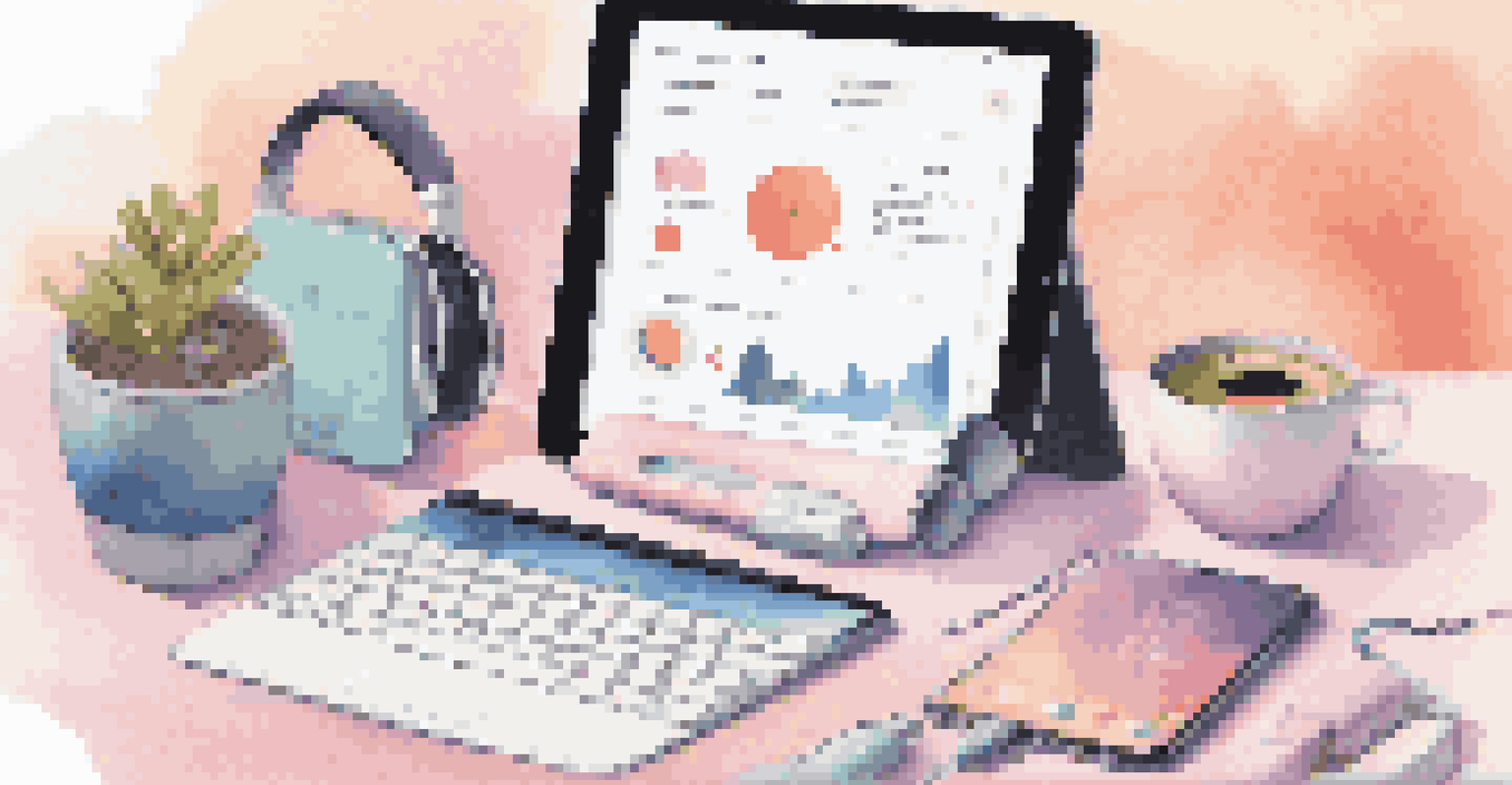 A tablet displaying a friendly voice assistant interface, surrounded by personal items like headphones and a coffee mug in a bright, cheerful setting.