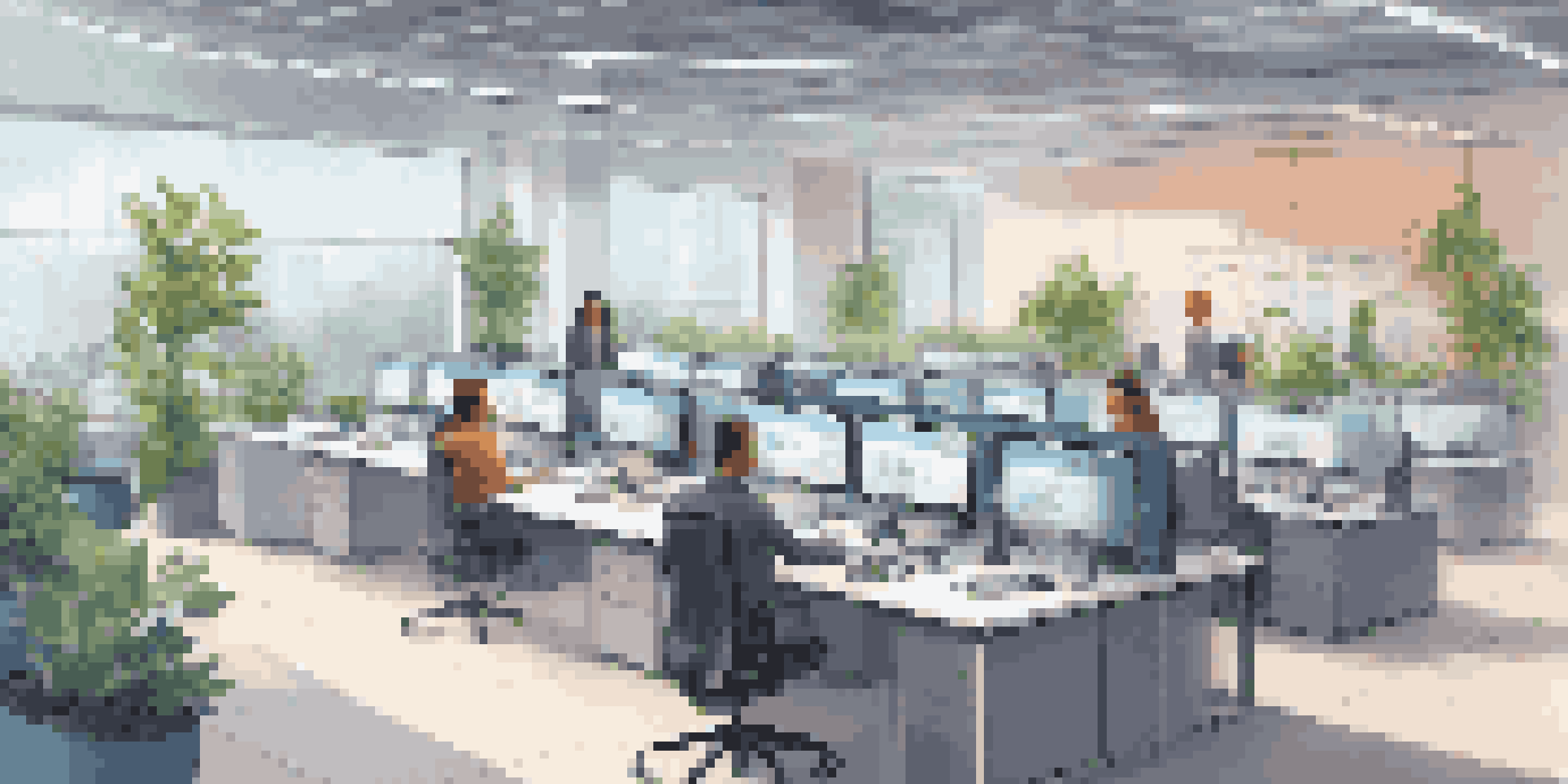 A customer support office featuring human agents and AI technology, with bright lighting and greenery.