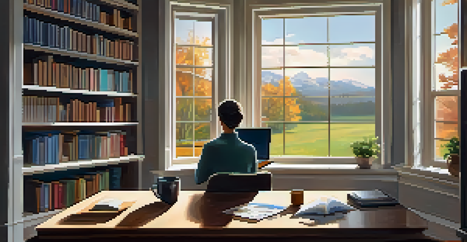 A remote worker in a cozy home office using a digital tablet, surrounded by books and natural light.