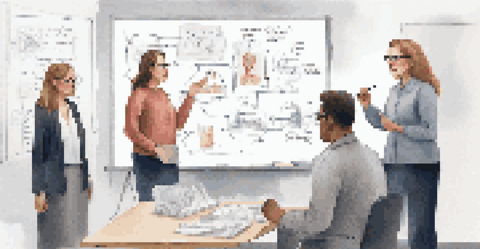A female tester pointing at a whiteboard with testing frameworks while mentoring younger colleagues in a modern office environment.