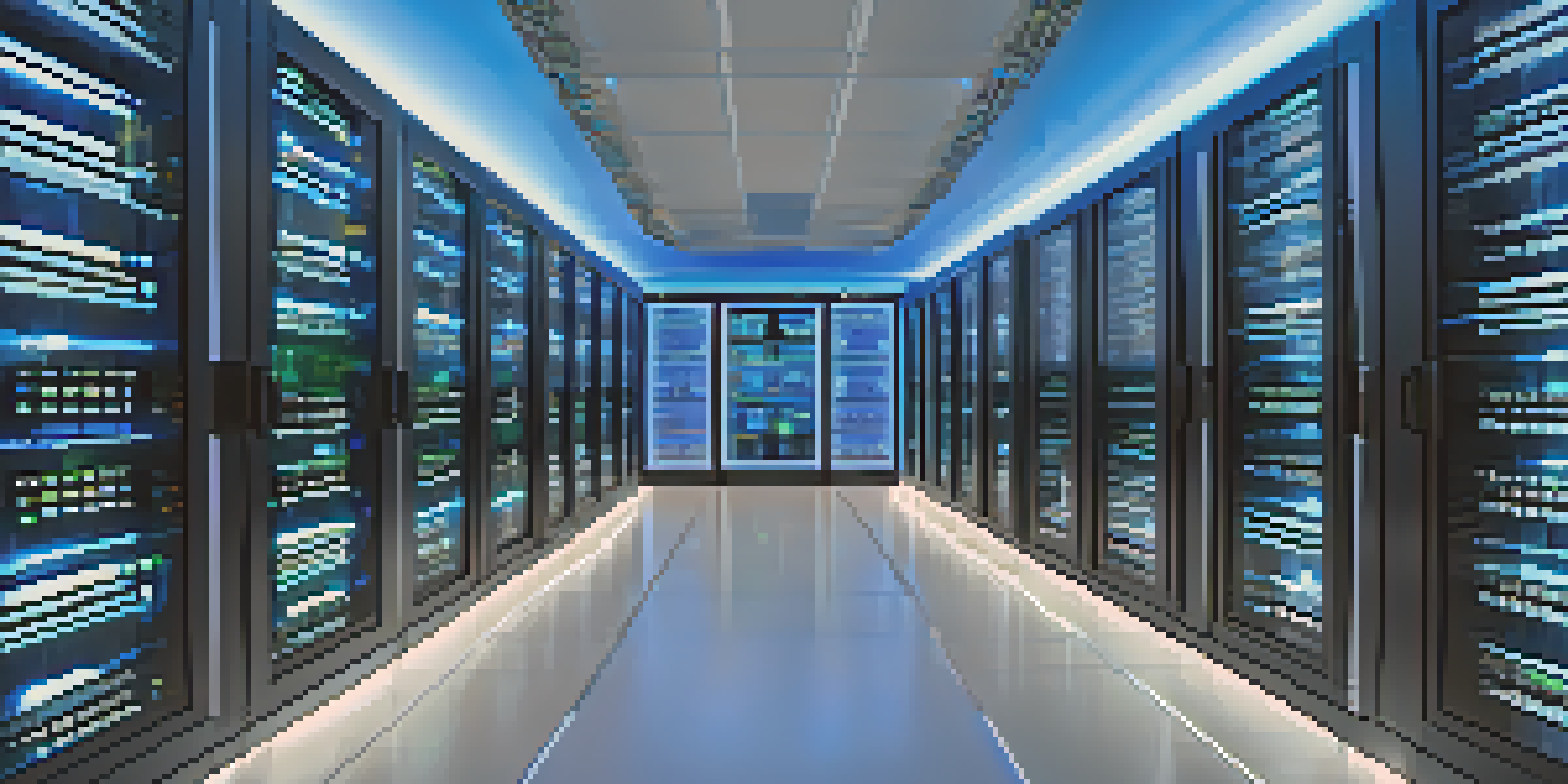 A modern server room with rows of servers and glowing lights, showcasing virtualization technology.