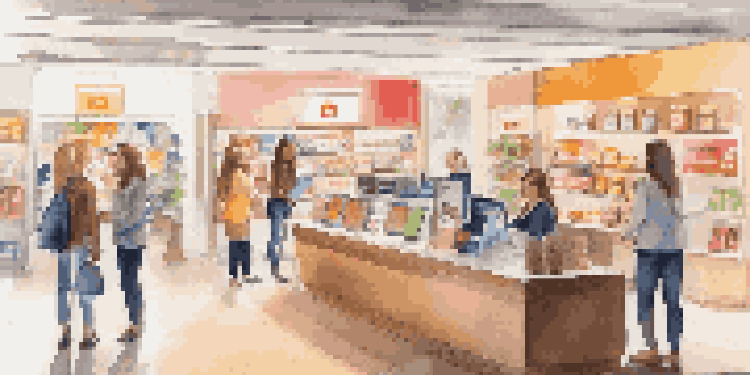 A retail store interior with a cashier and a customer making a mobile payment, surrounded by promotional signage.