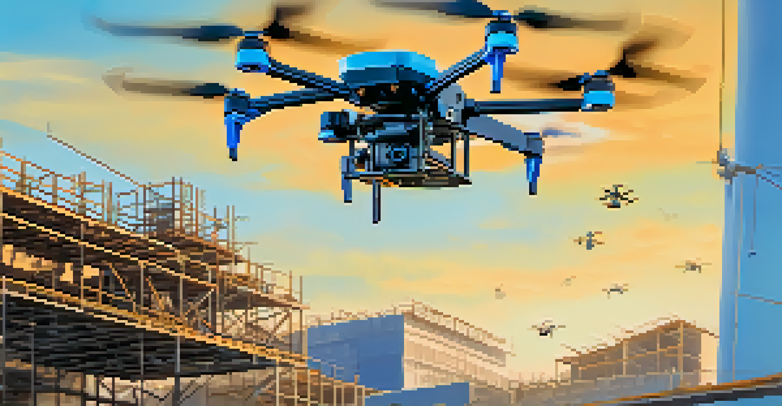 Close-up of a drone flying over a construction site with workers and machinery in the background.