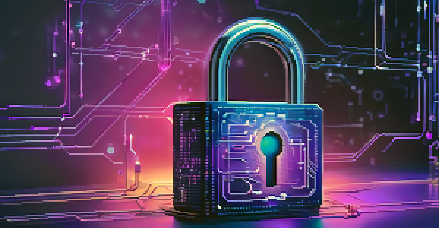 An artistic representation of a secure digital environment with a prominent lock symbol surrounded by glowing circuit patterns.