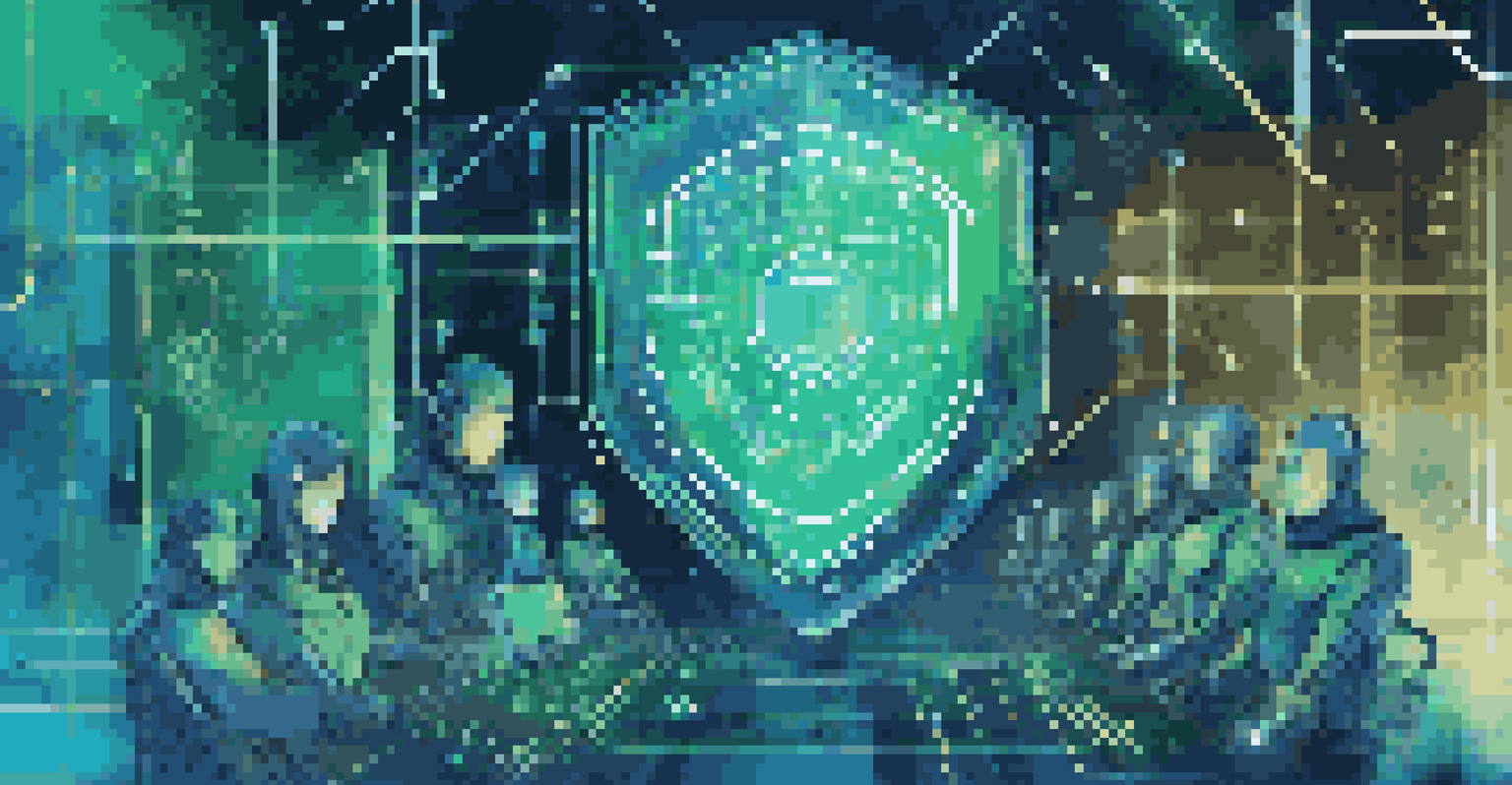 An abstract digital shield surrounded by glowing lines and data streams, representing cybersecurity in robotic process automation.