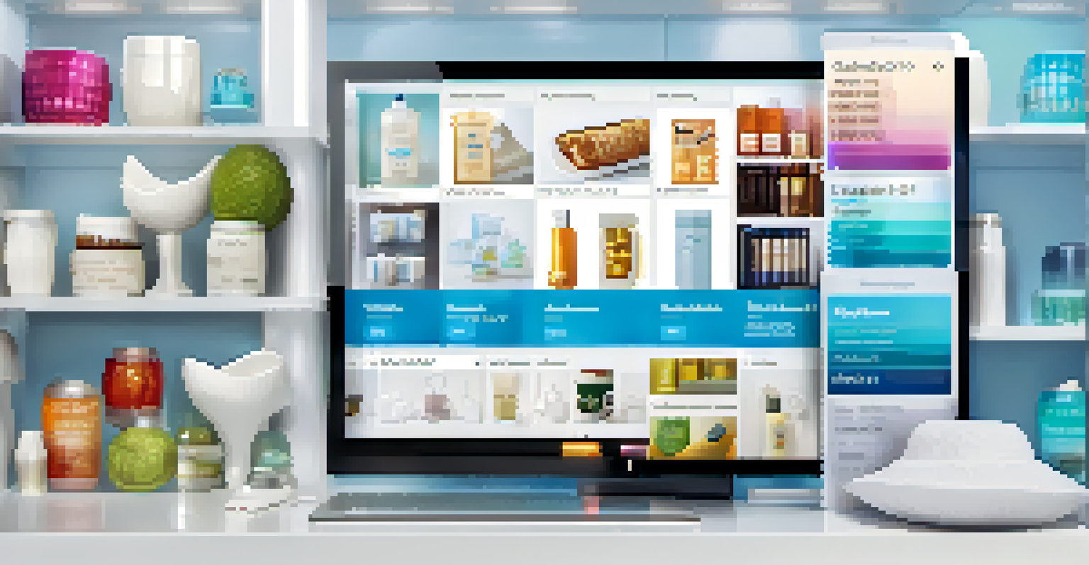 A digital screen showing personalized product recommendations with colorful thumbnails.