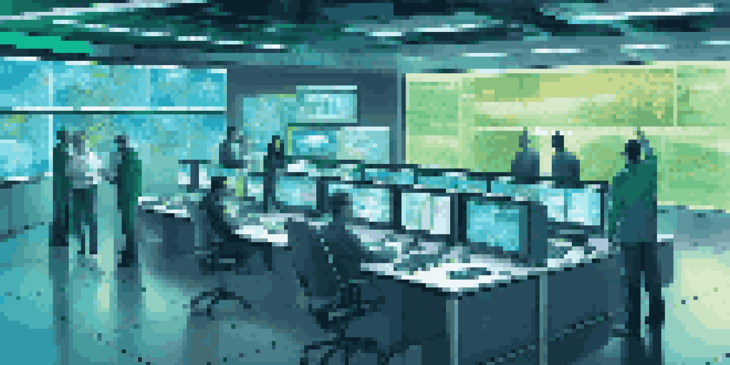 A futuristic control room with engineers analyzing data on high-tech screens, showcasing smart grid management.