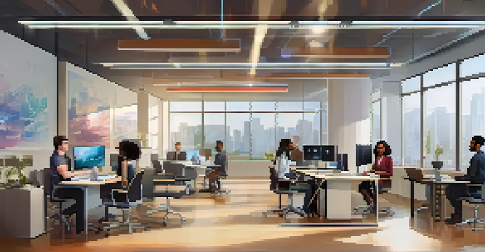 A diverse group of professionals collaborating in a modern office space, discussing serverless computing, with digital screens and laptops present.