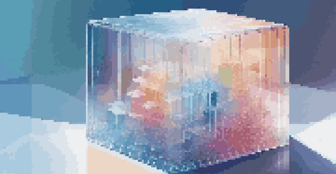 A clear glass cube with colorful data streams flowing in and out, set against a blue and white gradient background, symbolizing transparency in data collection.