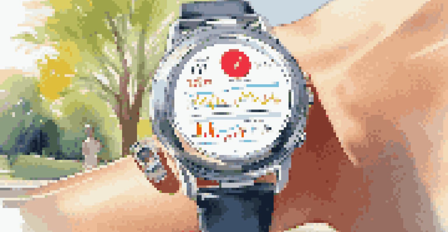 A futuristic smartwatch on a wrist, showing health metrics with a soft-focus park background.