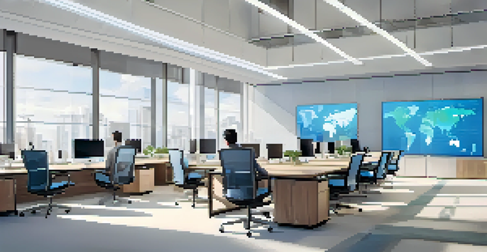 A diverse group of employees collaborating in a modern office space filled with natural light and digital screens.