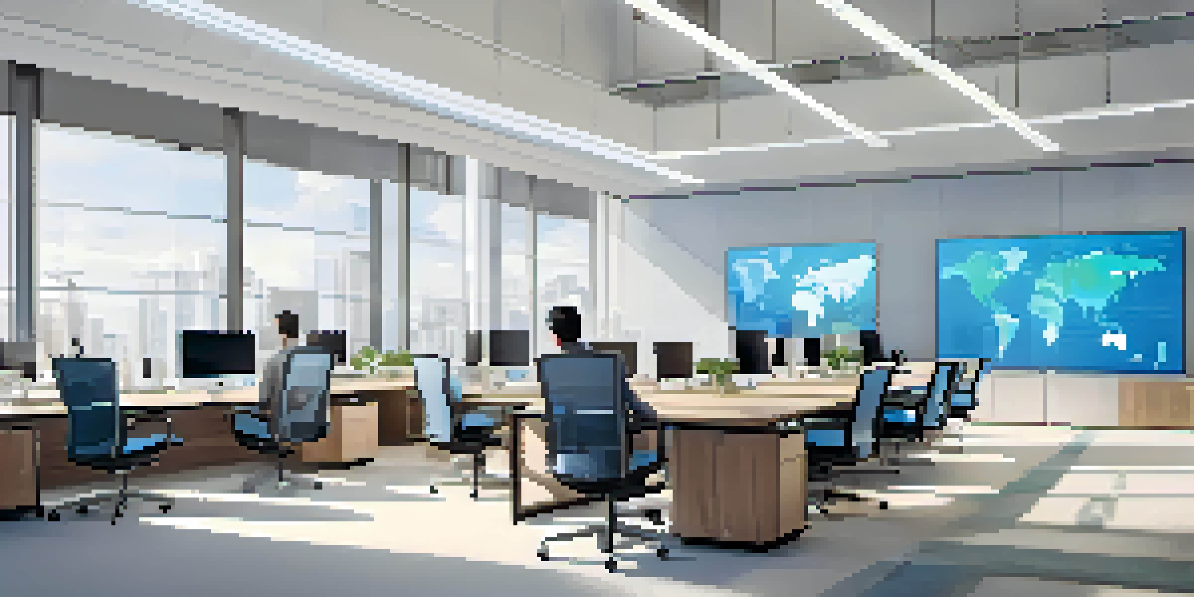 A diverse group of employees collaborating in a modern office space filled with natural light and digital screens.