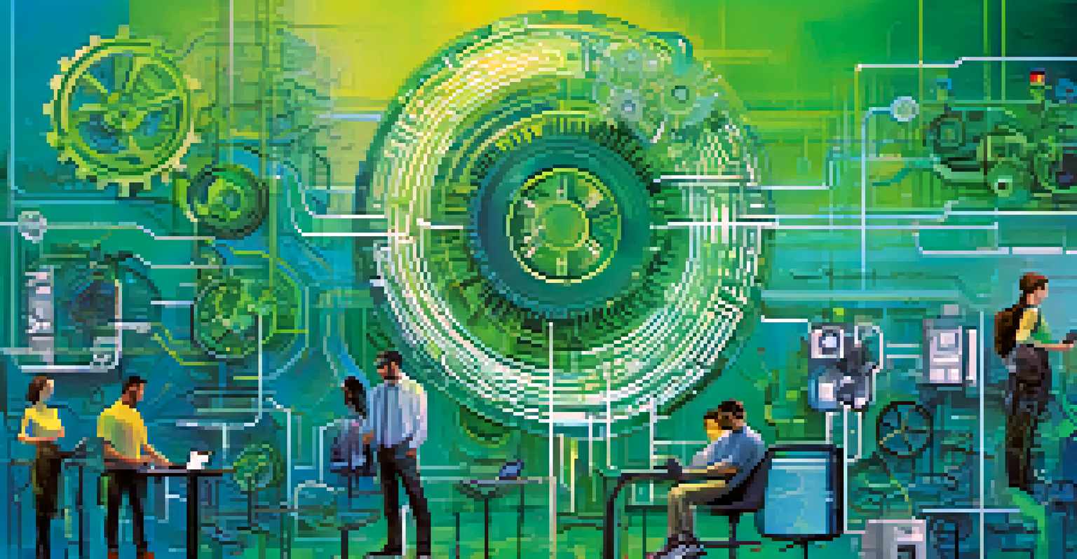 An abstract image depicting digital transformation with gears, circuits, and diverse people collaborating with technology.