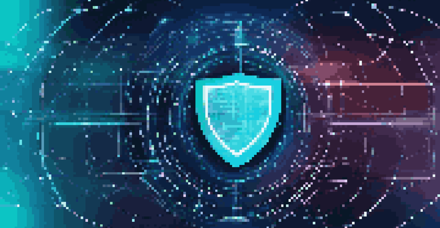 An abstract image showing a shield surrounded by interconnected data nodes, representing data governance and security.