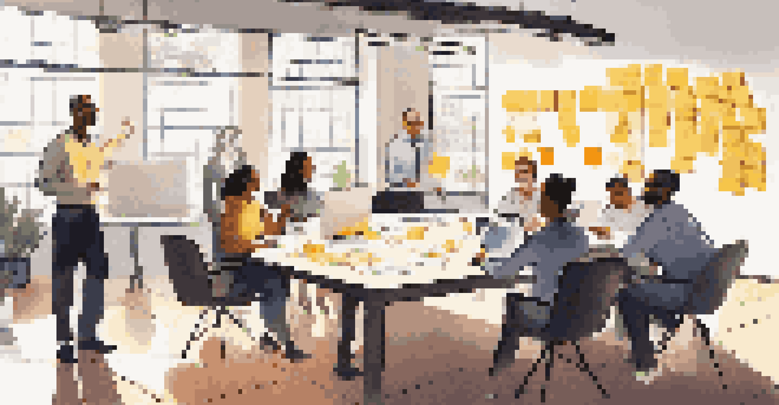 A diverse team collaborating over a table filled with project management tools, highlighting teamwork and brainstorming.
