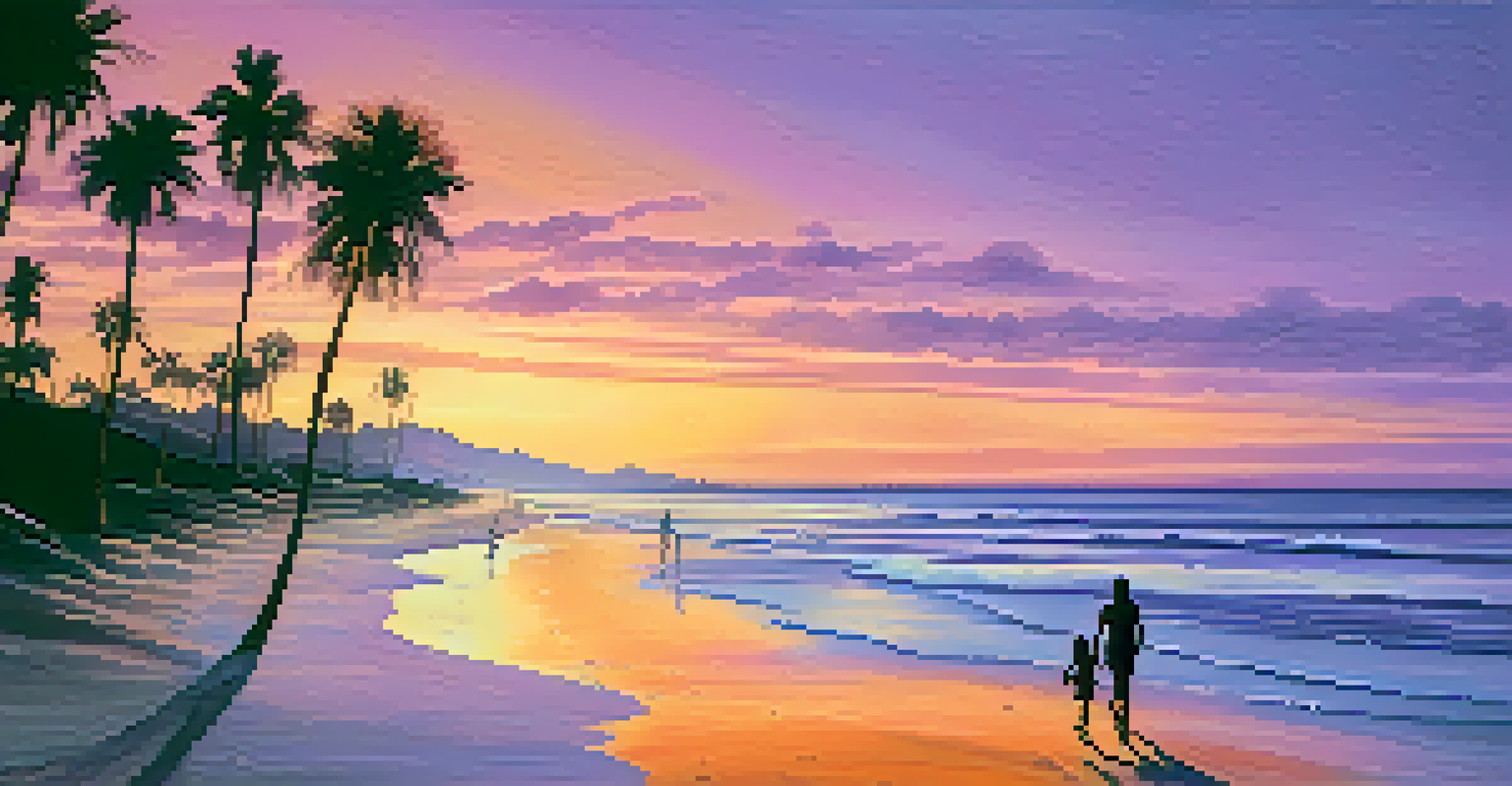 A beautiful beach at sunset, with palm trees and a couple walking along the shore, leaving footprints in the sand.