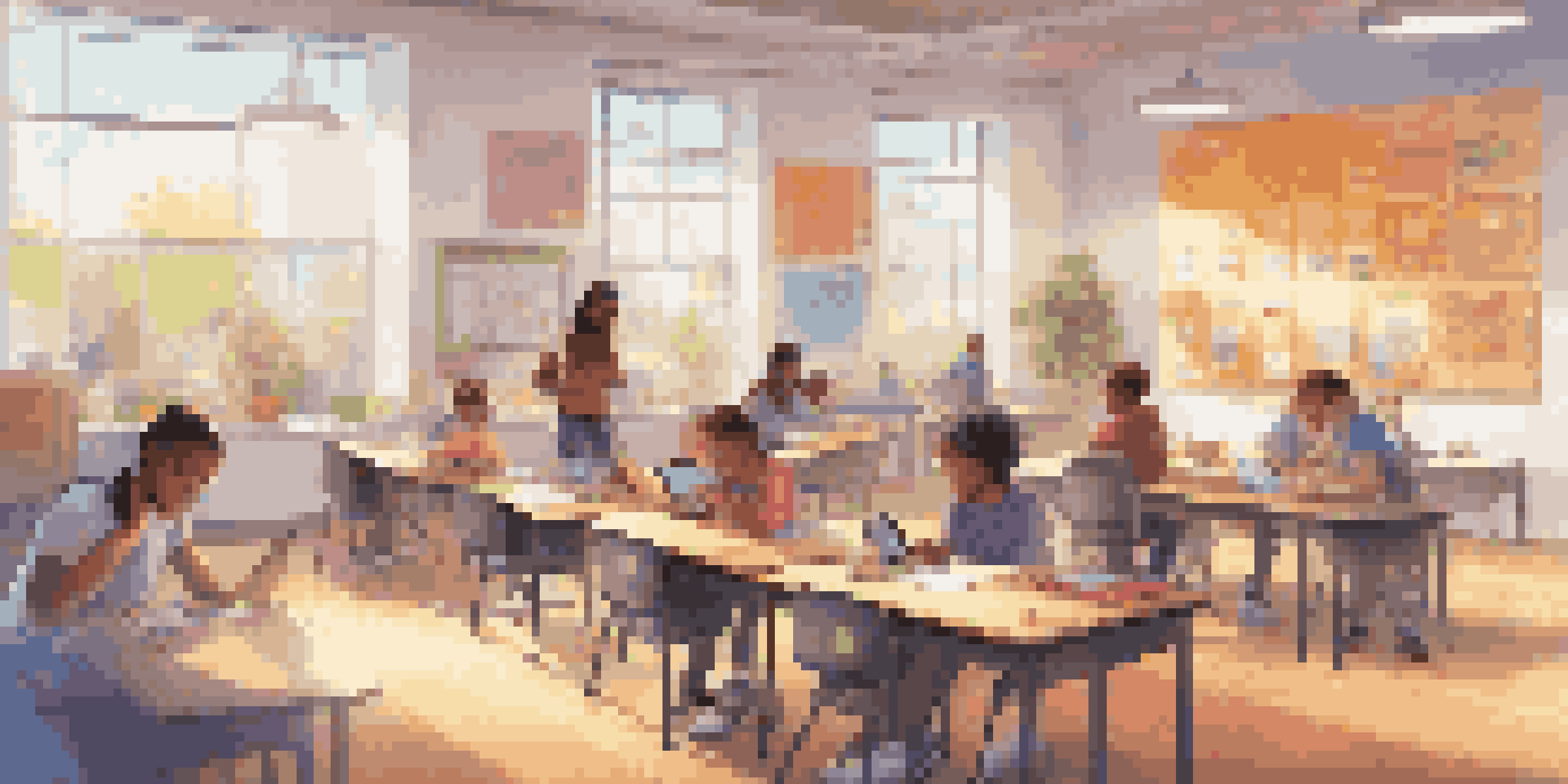 A colorful classroom filled with students engaged in gamified learning, featuring digital badges, a leaderboard, and collaborative activities.