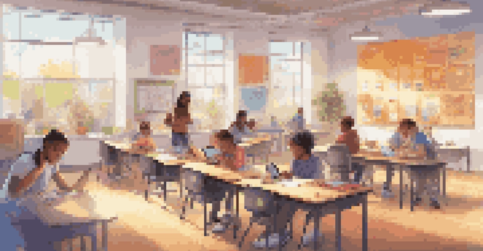 A colorful classroom filled with students engaged in gamified learning, featuring digital badges, a leaderboard, and collaborative activities.