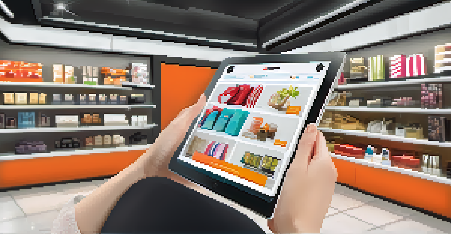 A tablet displaying an augmented reality shopping app, featuring colorful product options and reviews in a modern retail setting.