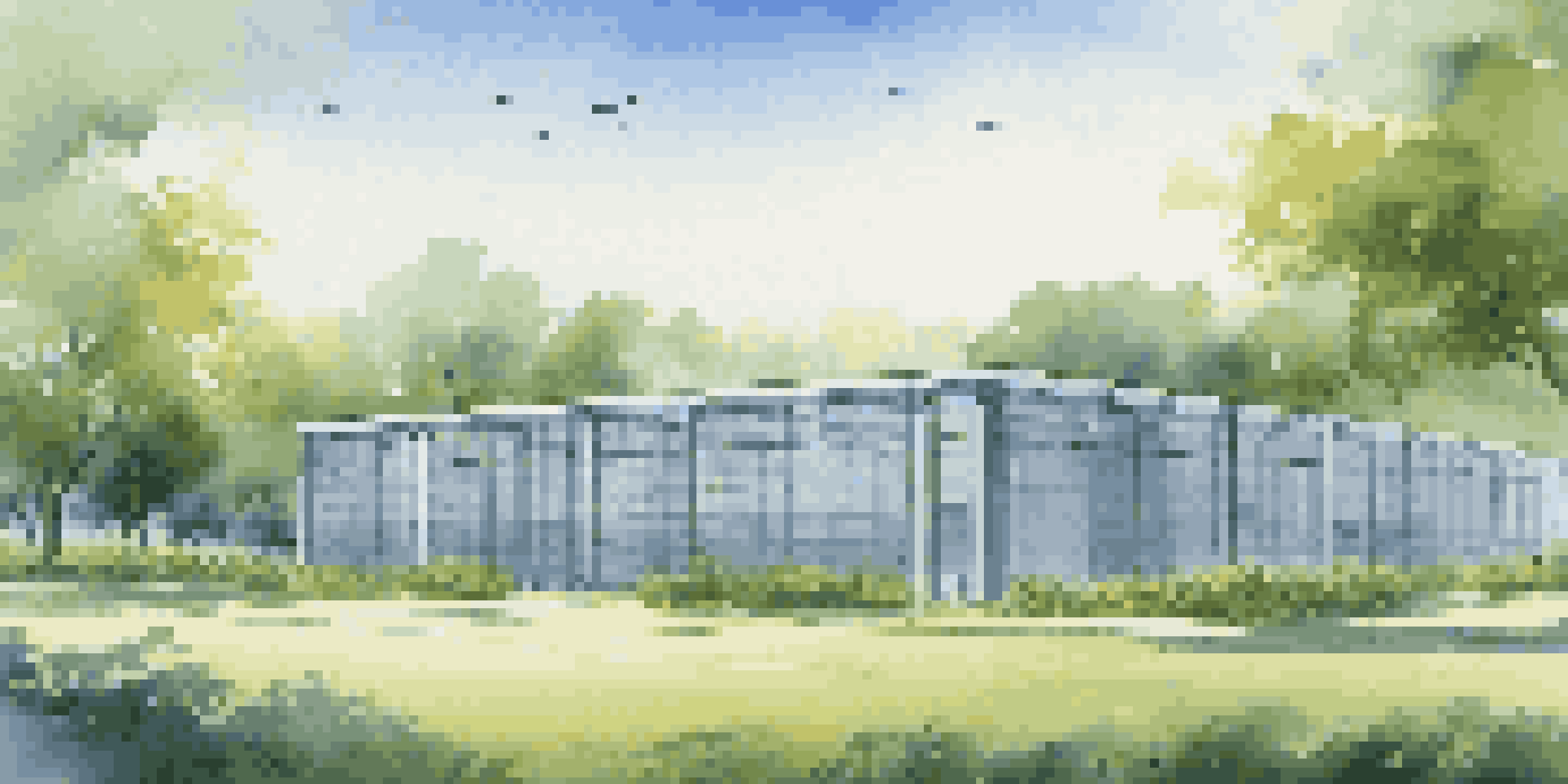 A modern data center is surrounded by greenery and blue skies, representing harmony between technology and nature.