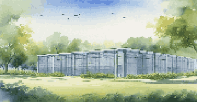 A modern data center is surrounded by greenery and blue skies, representing harmony between technology and nature.