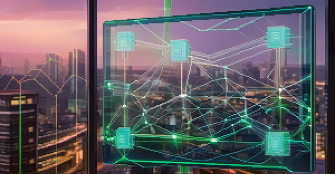 A digital screen displaying a secure blockchain ledger with glowing nodes and connections, against a blurred city skyline at dusk.