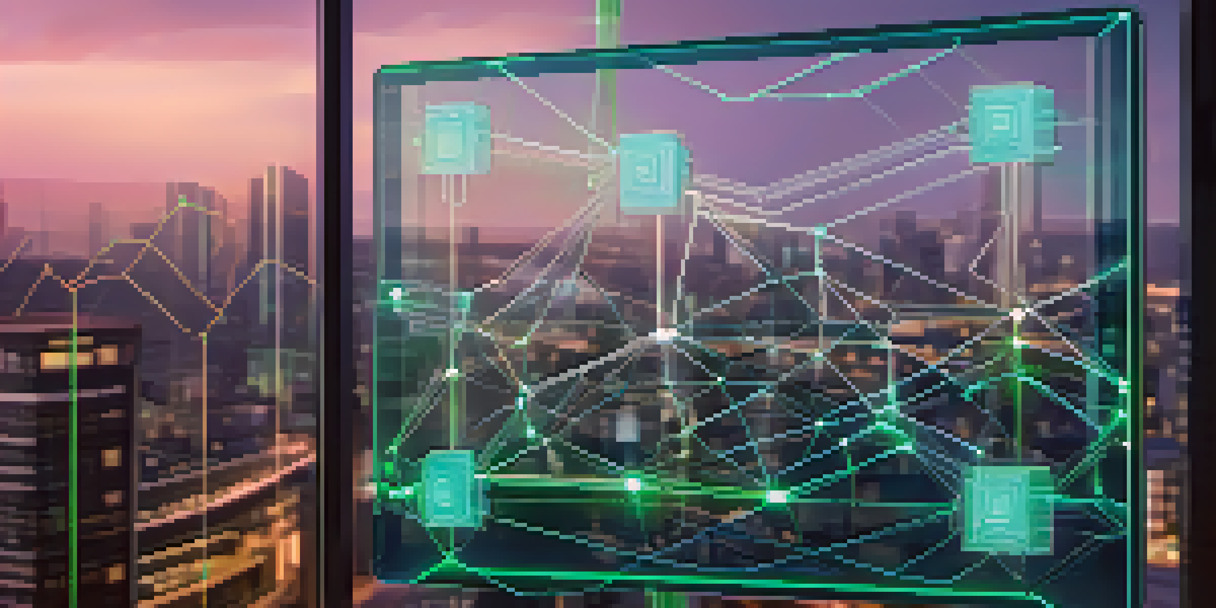 A digital screen displaying a secure blockchain ledger with glowing nodes and connections, against a blurred city skyline at dusk.