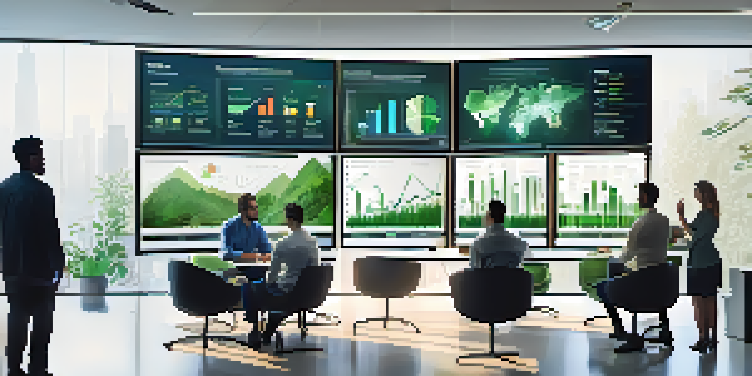A bright office with diverse employees working together on data analytics, surrounded by large screens showing charts and graphs.
