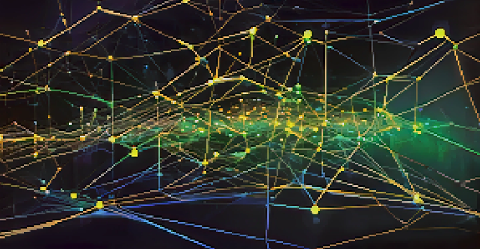 A colorful digital illustration depicting a blockchain network with glowing nodes and data lines against a dark background.