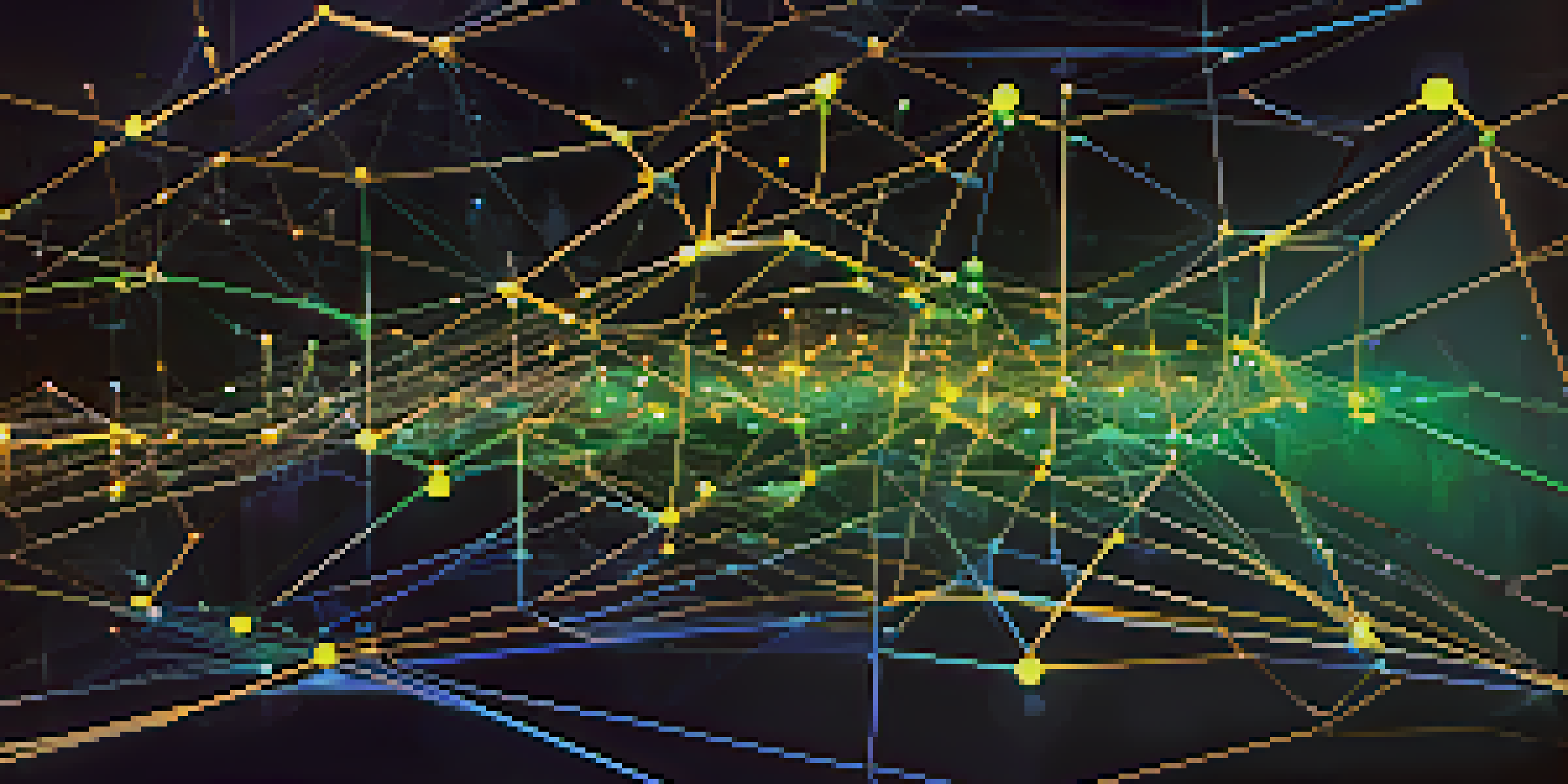 A colorful digital illustration depicting a blockchain network with glowing nodes and data lines against a dark background.