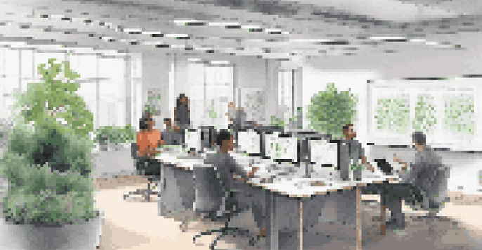 A diverse group of professionals engaged in discussion in a modern office, with a large table, whiteboard filled with diagrams, and plants in the background.