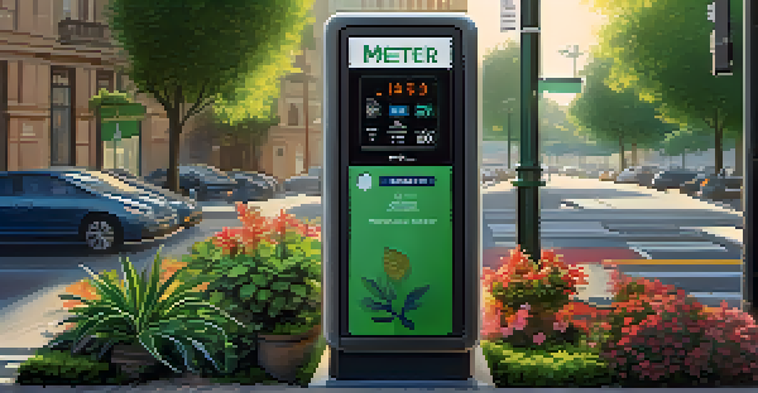Close-up of a modern parking meter with IoT technology and a touch screen in a sunny environment.