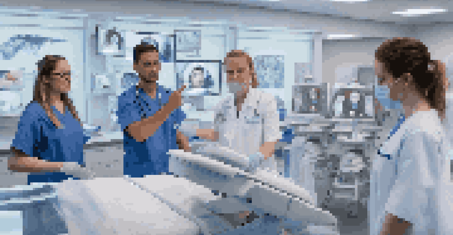 An instructor teaching nursing students about augmented reality tools in a clinical skills lab.