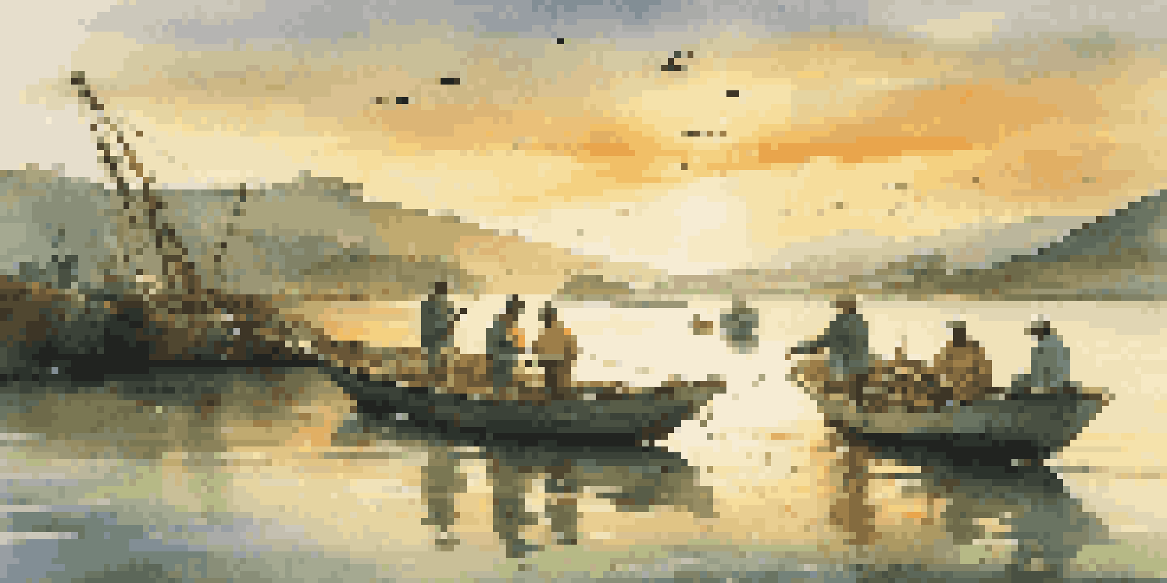 A group of local fishers sorting their catch on a fishing boat during sunset, with green hills and seabirds in the background.