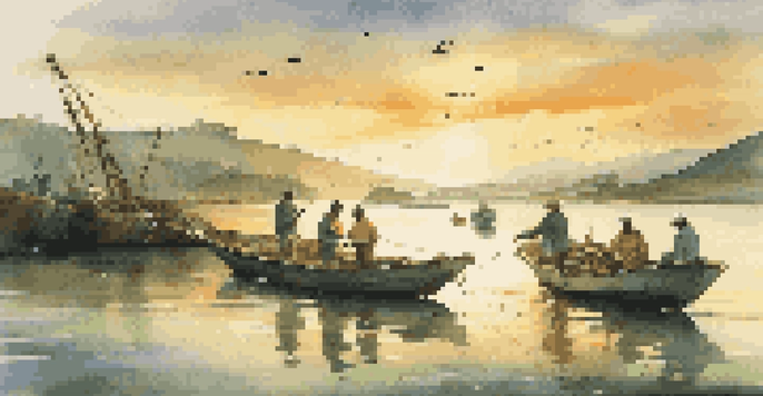 A group of local fishers sorting their catch on a fishing boat during sunset, with green hills and seabirds in the background.