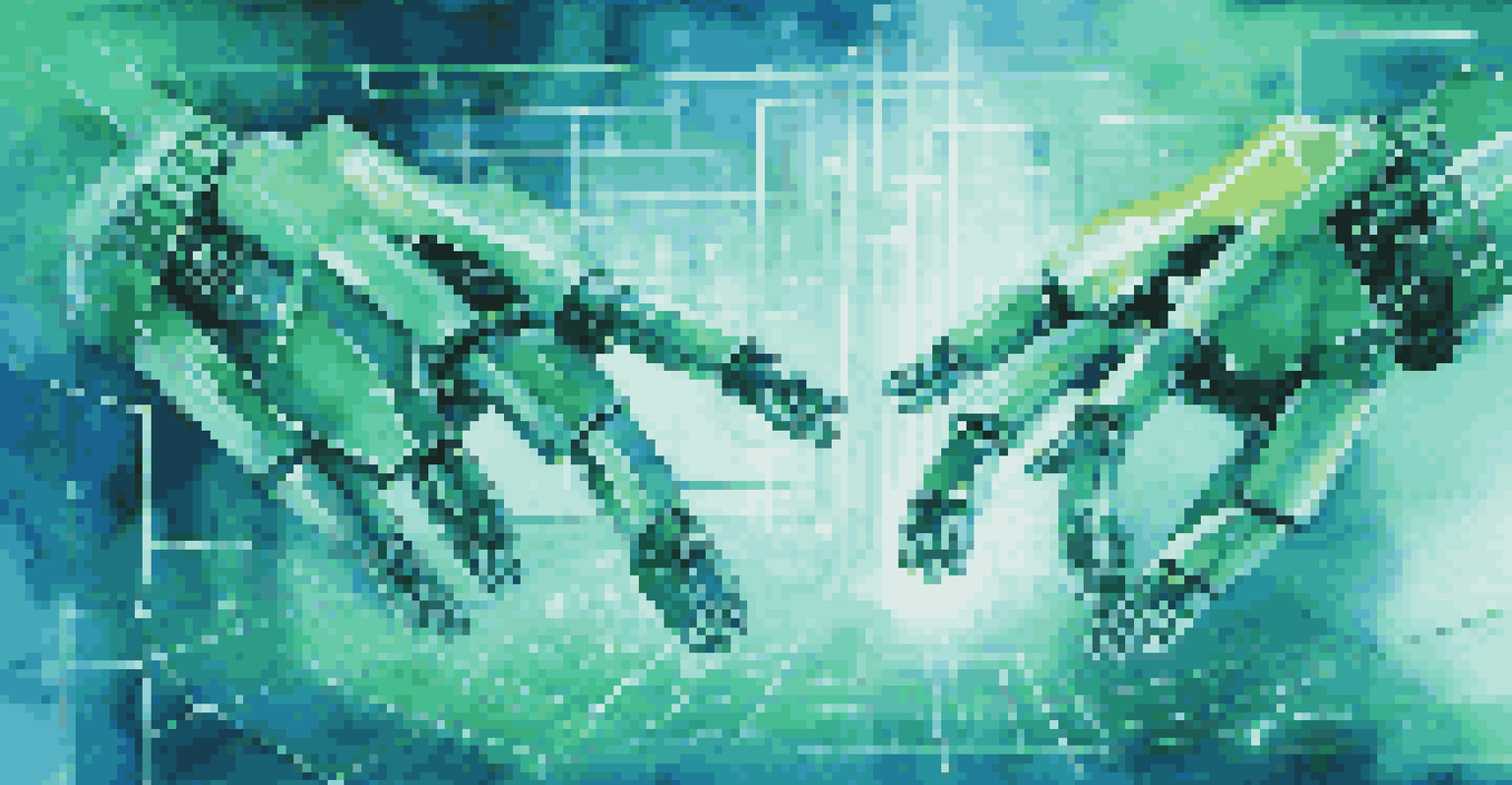 An abstract image of robotic arms interacting with digital data interfaces, representing automation.