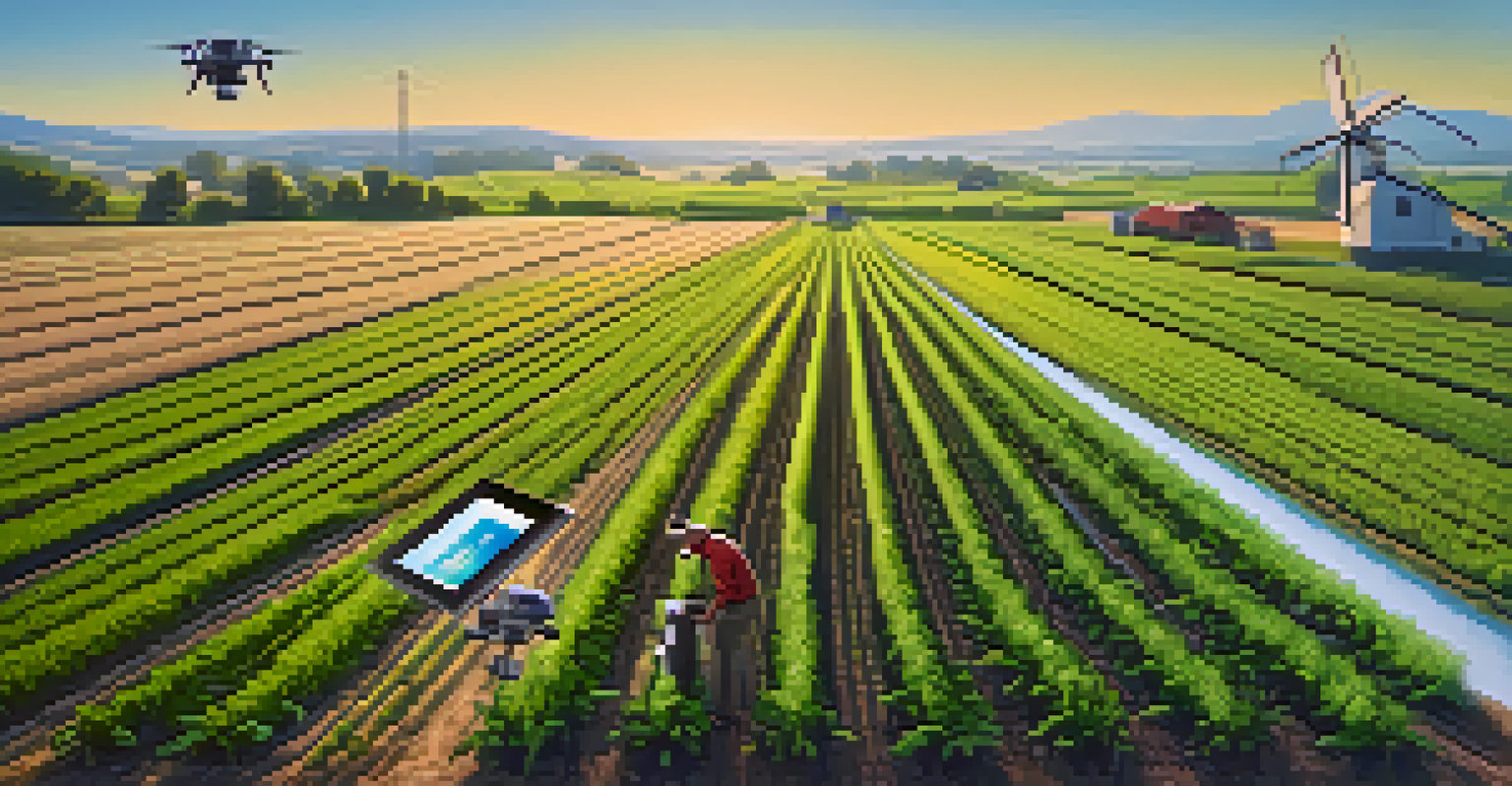 A farmer using a tablet to monitor a drone in a field with crops and irrigation systems.