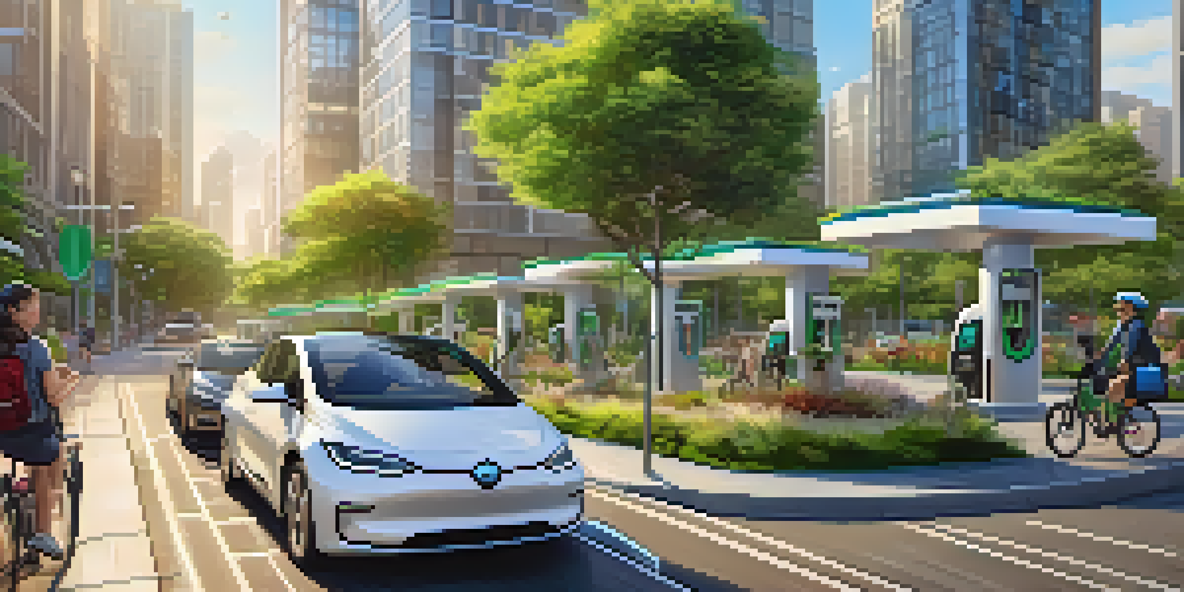 An urban landscape with electric vehicles charging, surrounded by greenery and solar panels, under warm sunlight.