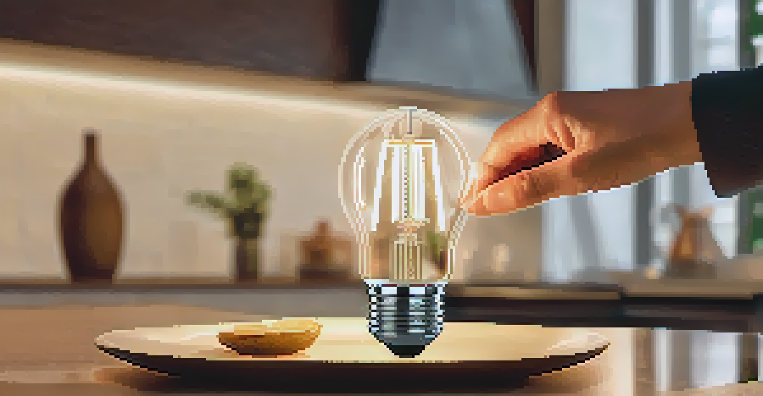 A hand adjusting a smart LED bulb, with a softly illuminated dining table and a warm kitchen background.