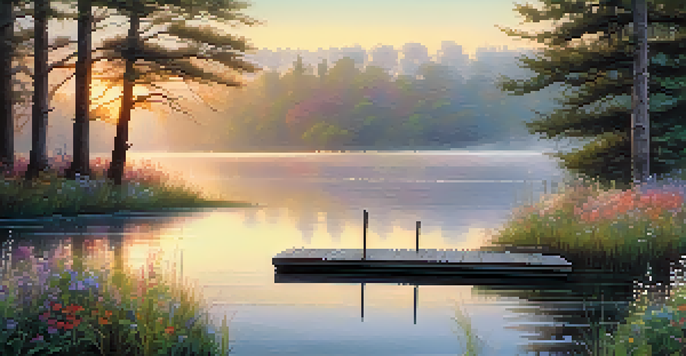 A tranquil lake at sunrise with pastel colors reflecting on the water, framed by vibrant wildflowers and a wooden dock extending into the lake.