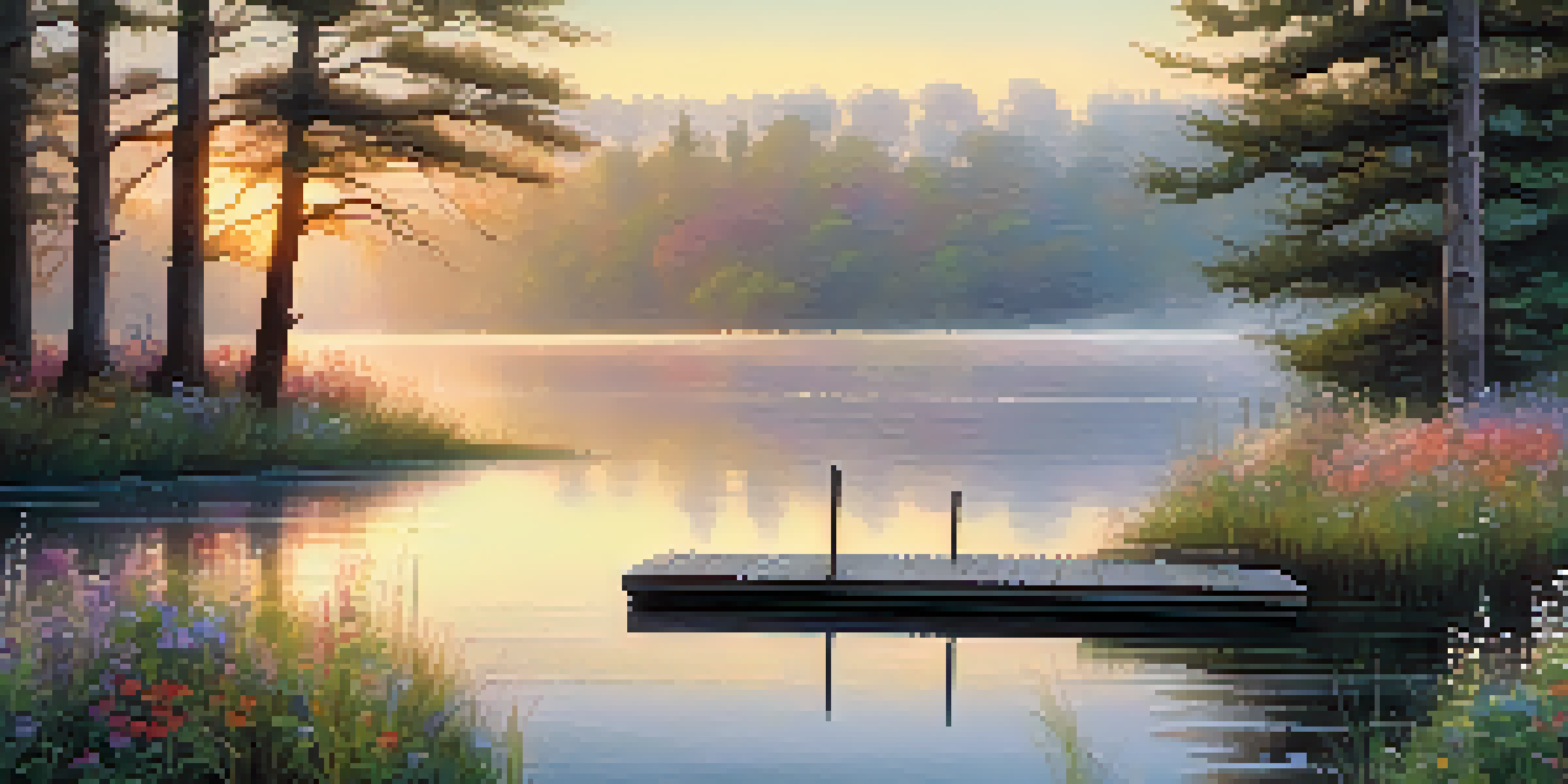 A tranquil lake at sunrise with pastel colors reflecting on the water, framed by vibrant wildflowers and a wooden dock extending into the lake.