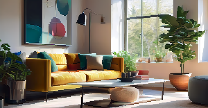 A cozy living room with a modern voice assistant device on a coffee table, bright natural light, and a plush sofa with colorful cushions.