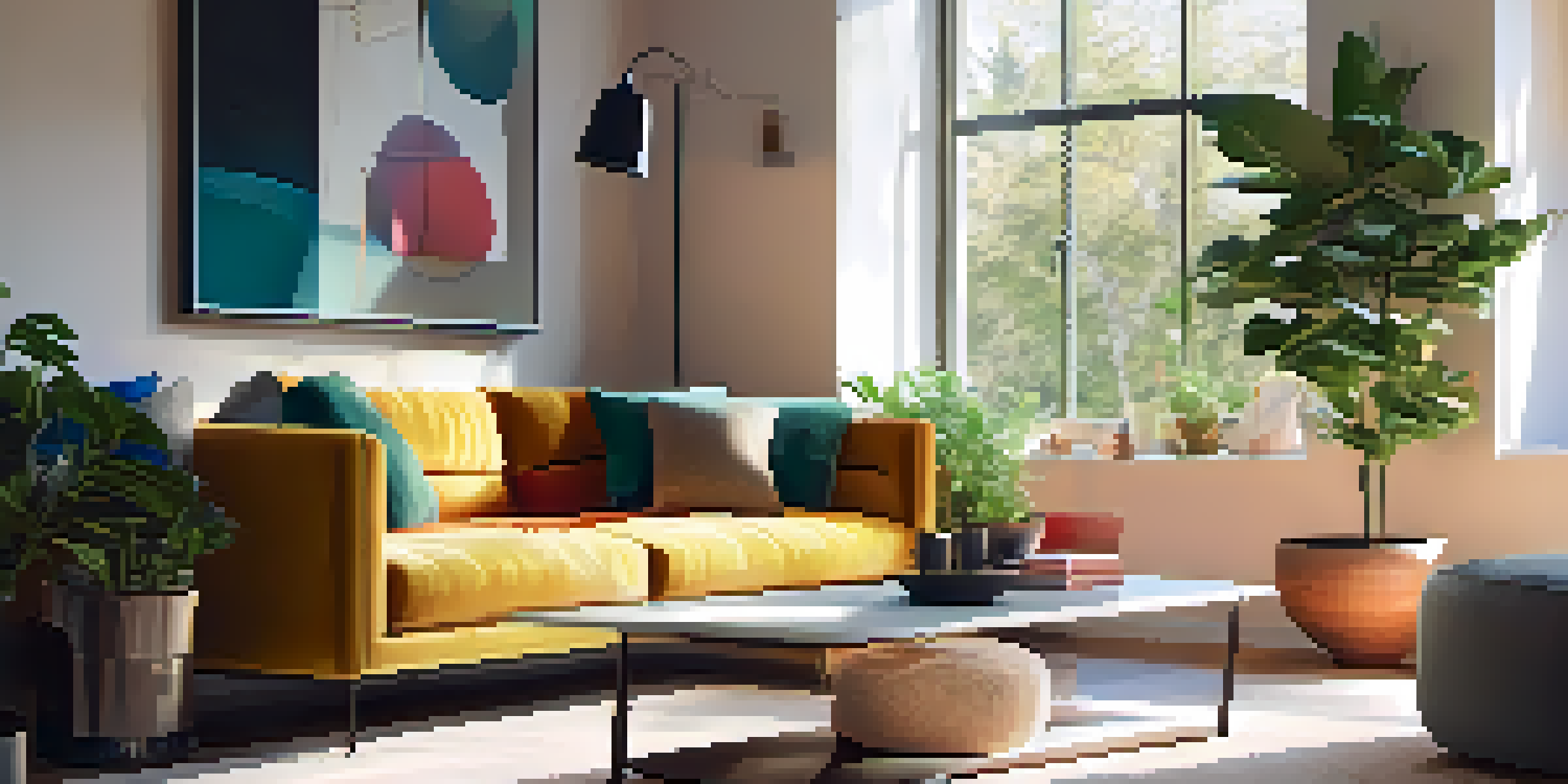 A cozy living room with a modern voice assistant device on a coffee table, bright natural light, and a plush sofa with colorful cushions.